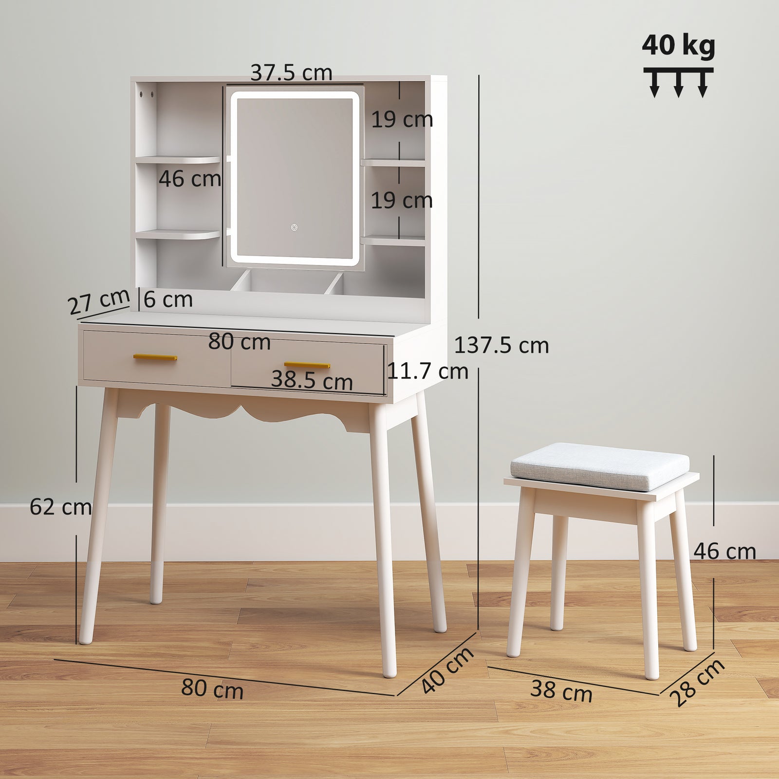 Dressing Table With Led Lighted Mirror And Cushioned Stool White