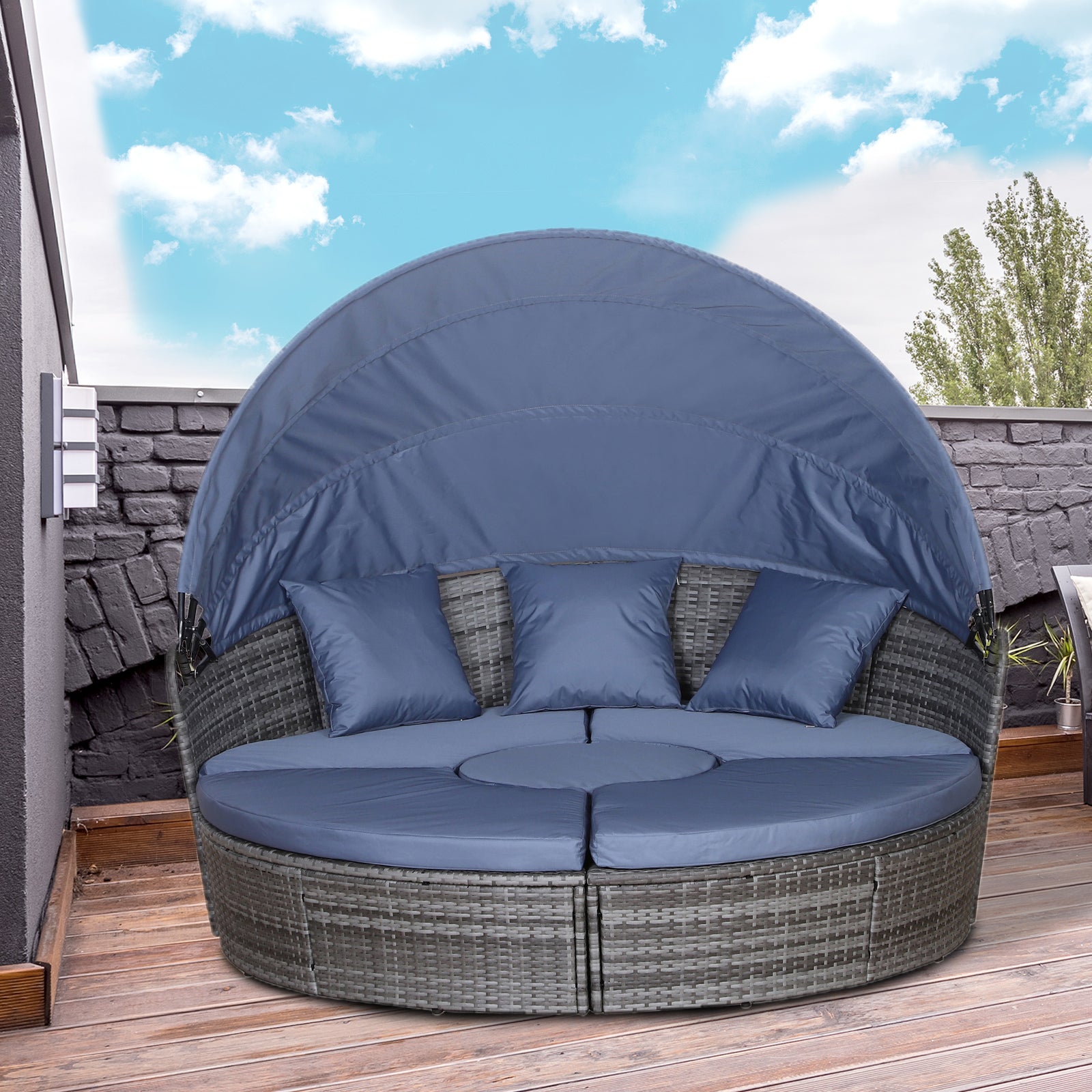 5 Pcs Cushioned Outdoor Rattan Round Sofa Bed Table Set | Dark Gray