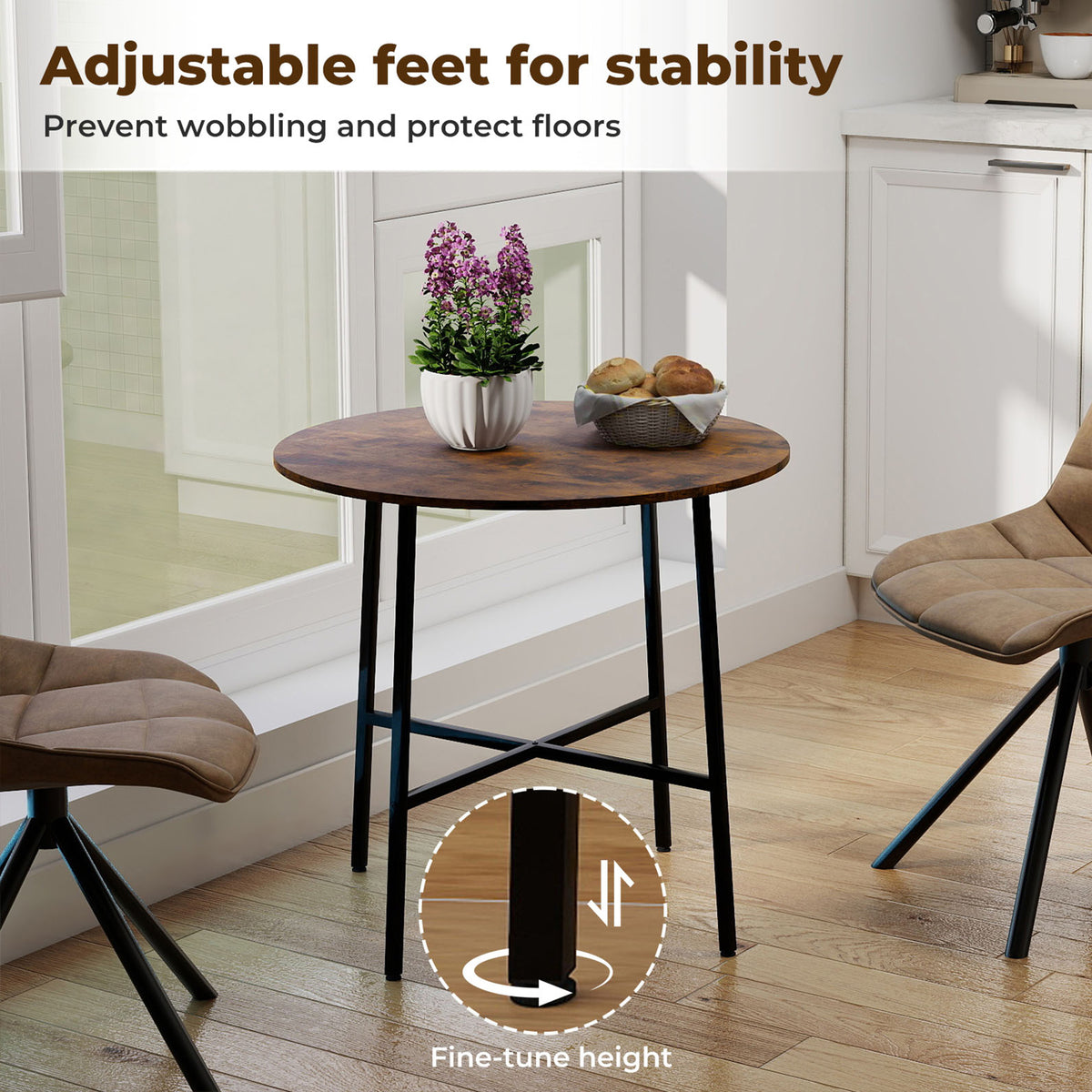 Dining Table Round Kitchen 4 Person Coffee Restaurant Metal Base 80cm | Brown