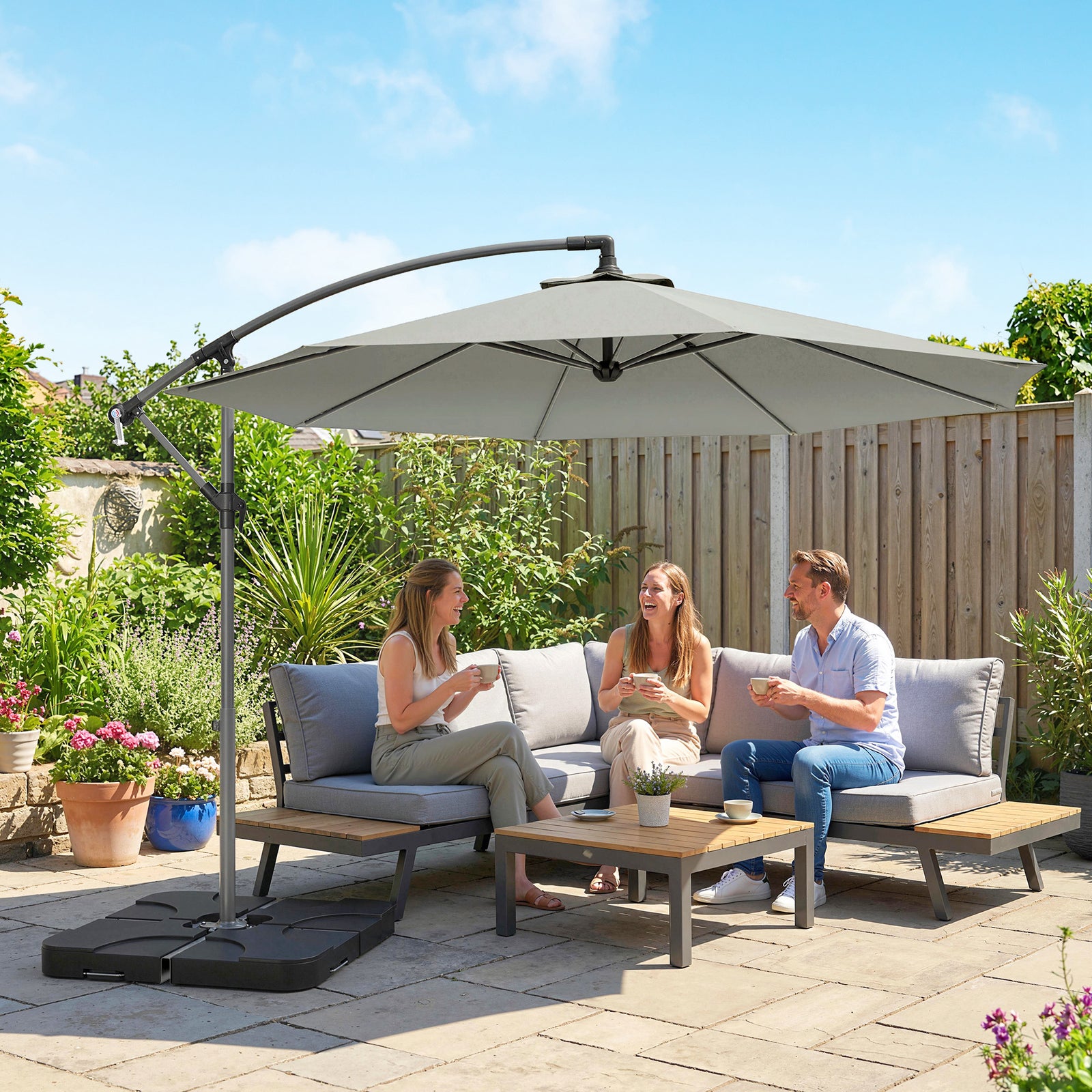 3(m) Banana Parasol Cantilever Umbrella Garden W/ Base Weights | Light Grey