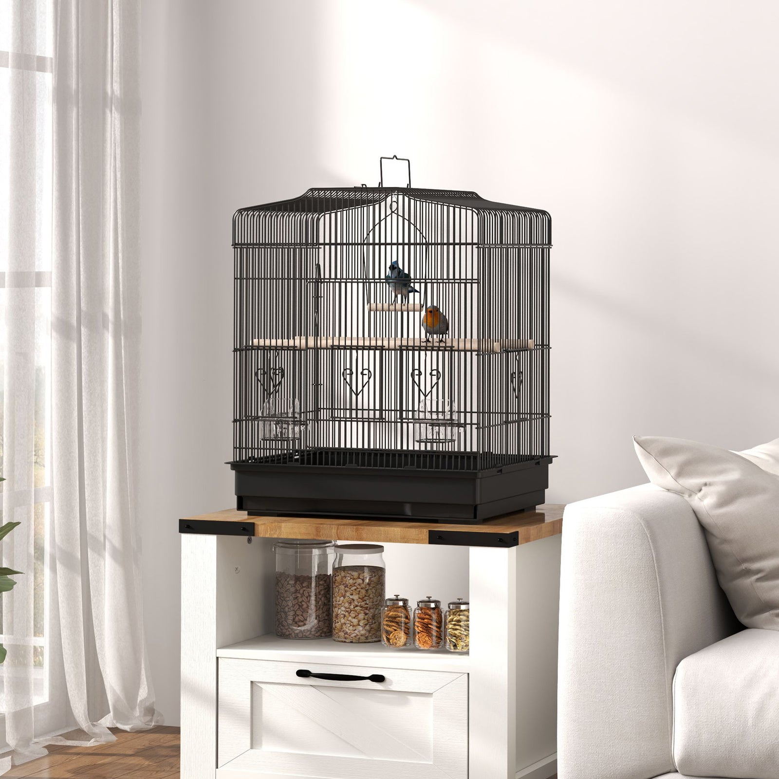Pawhut 59cm Large Bird Cage With Stand, Perches, Food Bowls, Swing, Black