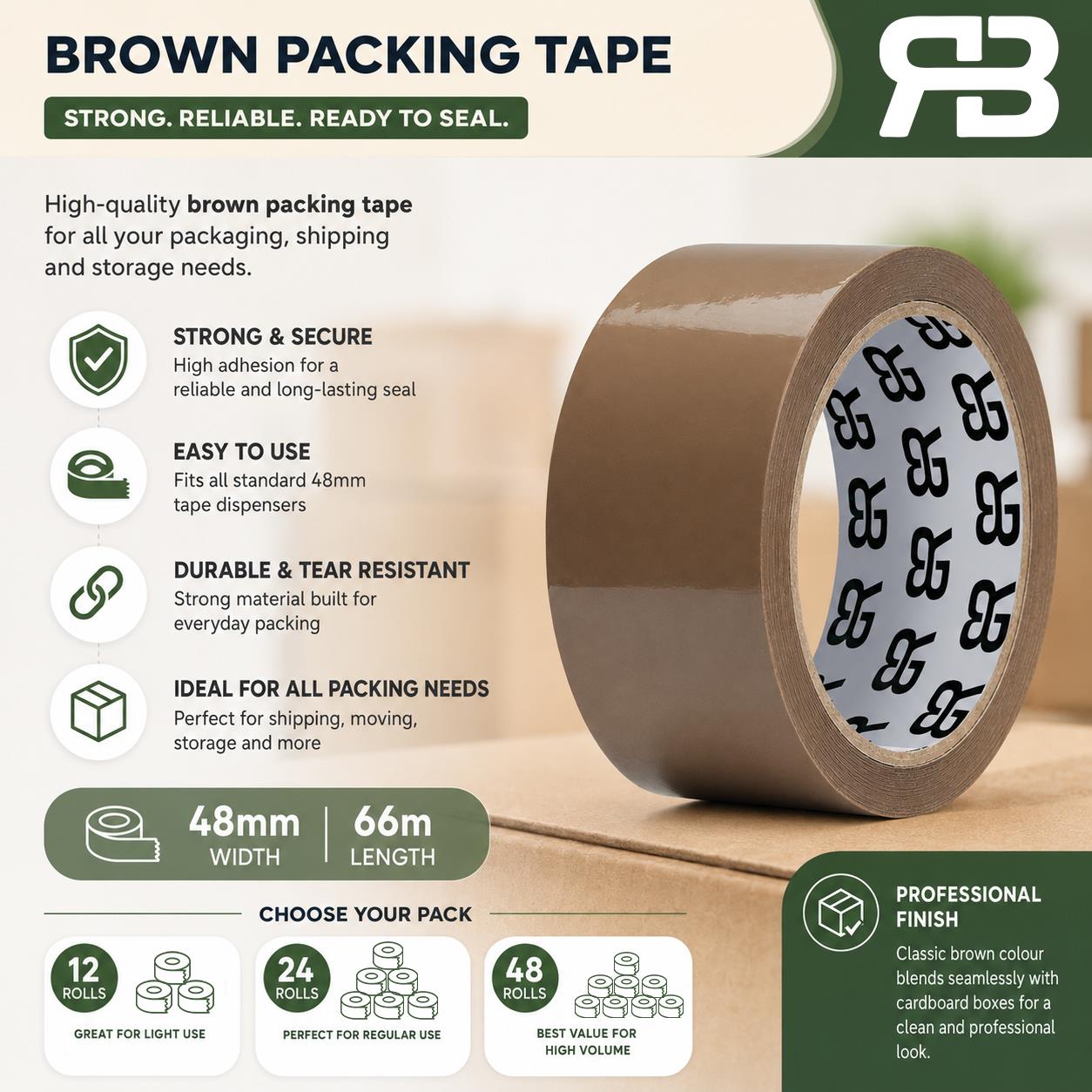 Brown Packing Tape 48mm X 66m Strong Parcel Box Tape | 48 Rolls | Brown