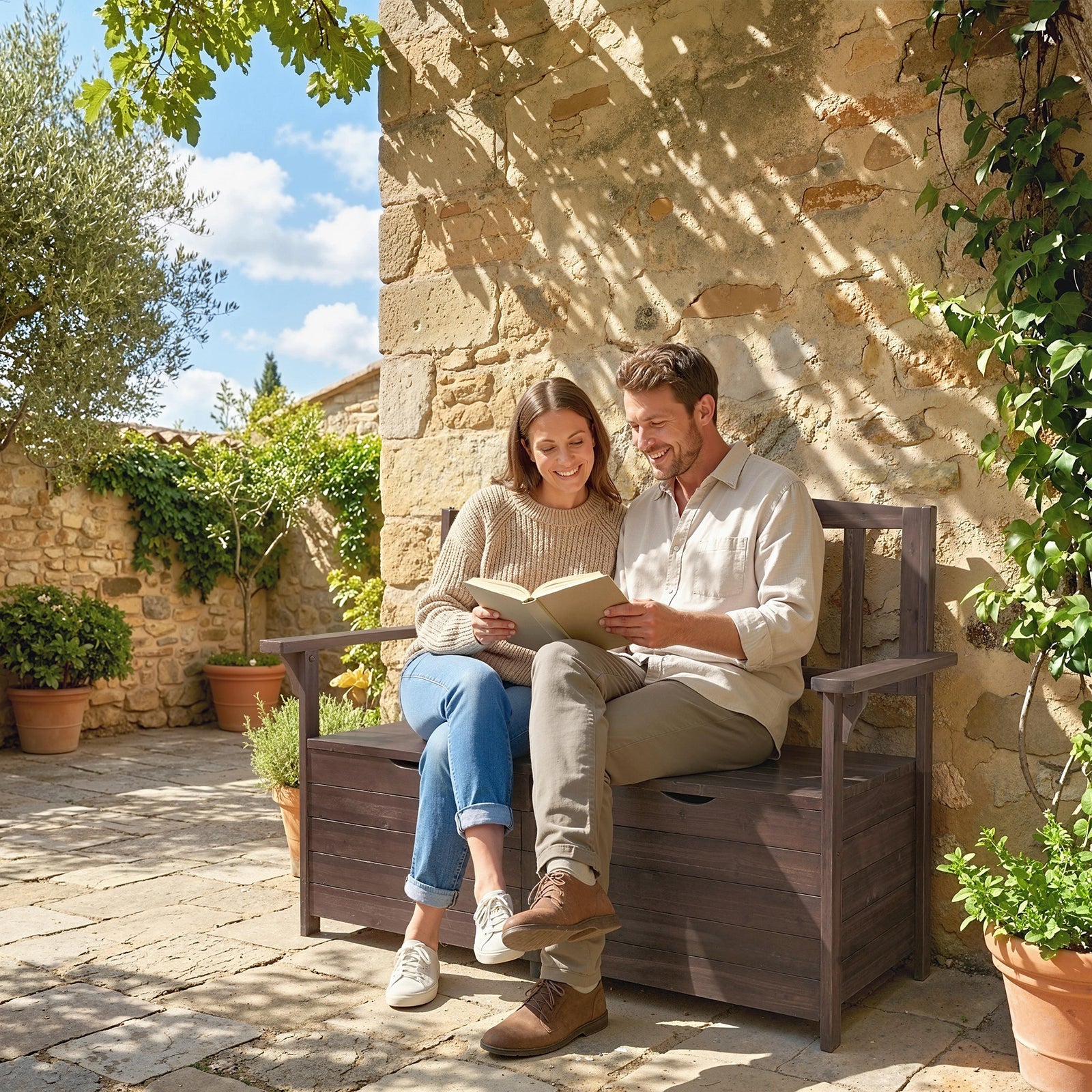 Outdoor 2 Seater Garden Bench, Garden Storage Bench With Backrest | Brown