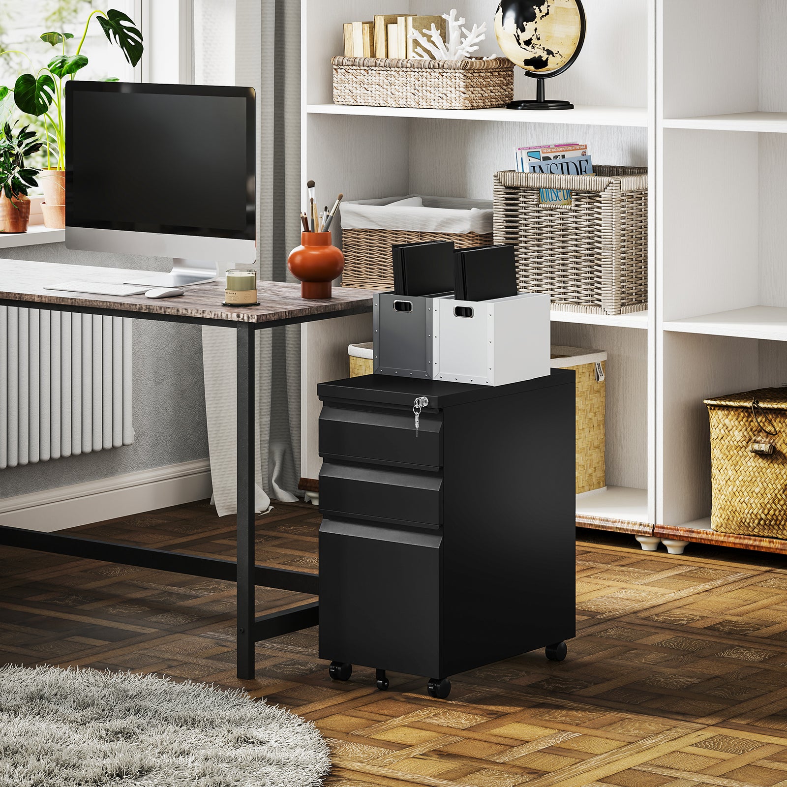 Steel File Cabinet With Lock And Wheels For Home Office | One Size | Black