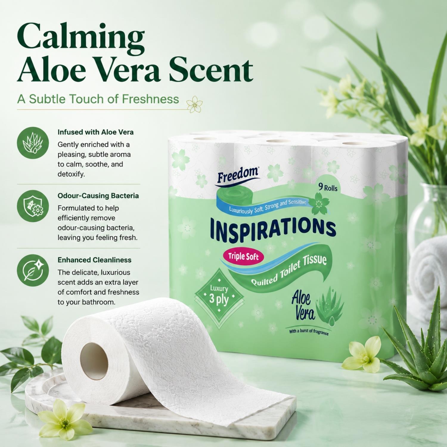 Freedom Aloe Vera 3-ply Toilet Paper 45 Rolls + Shea Butter 45 Rolls