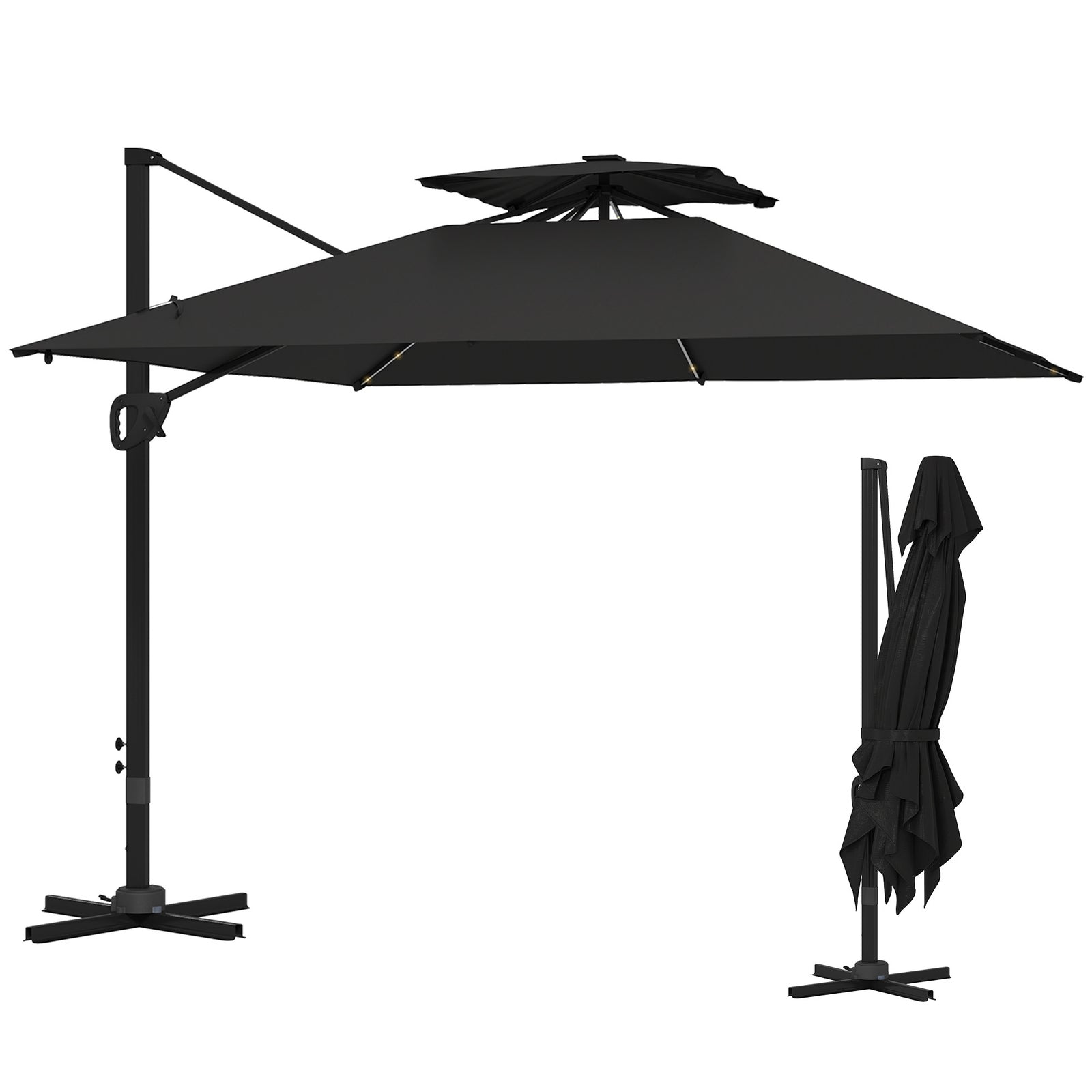 3.5x3m Cantilever Parasol, Solar Led Lights | Black