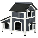 Wooden Outdoor Cat House W/ Flower Pot, Windows, Multiple Entrances