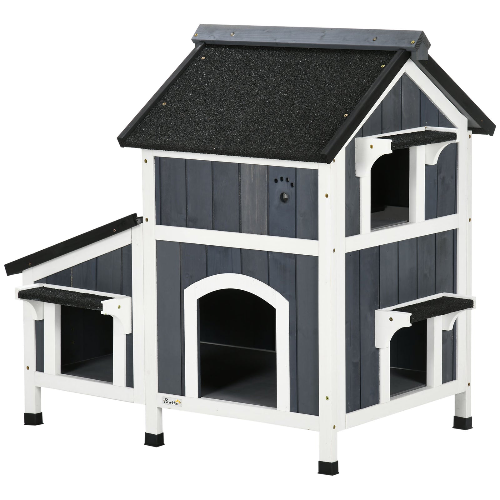 Wooden Outdoor Cat House W/ Flower Pot, Windows, Multiple Entrances