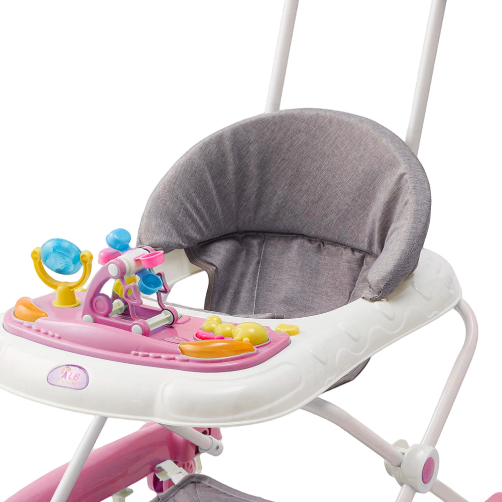 Adjustable Baby Walker, Foldable Walker, Multifunctional Baby Walker, Feeding Tray, Interactive Music, Toys, Wheel Safety Breaks | Pink