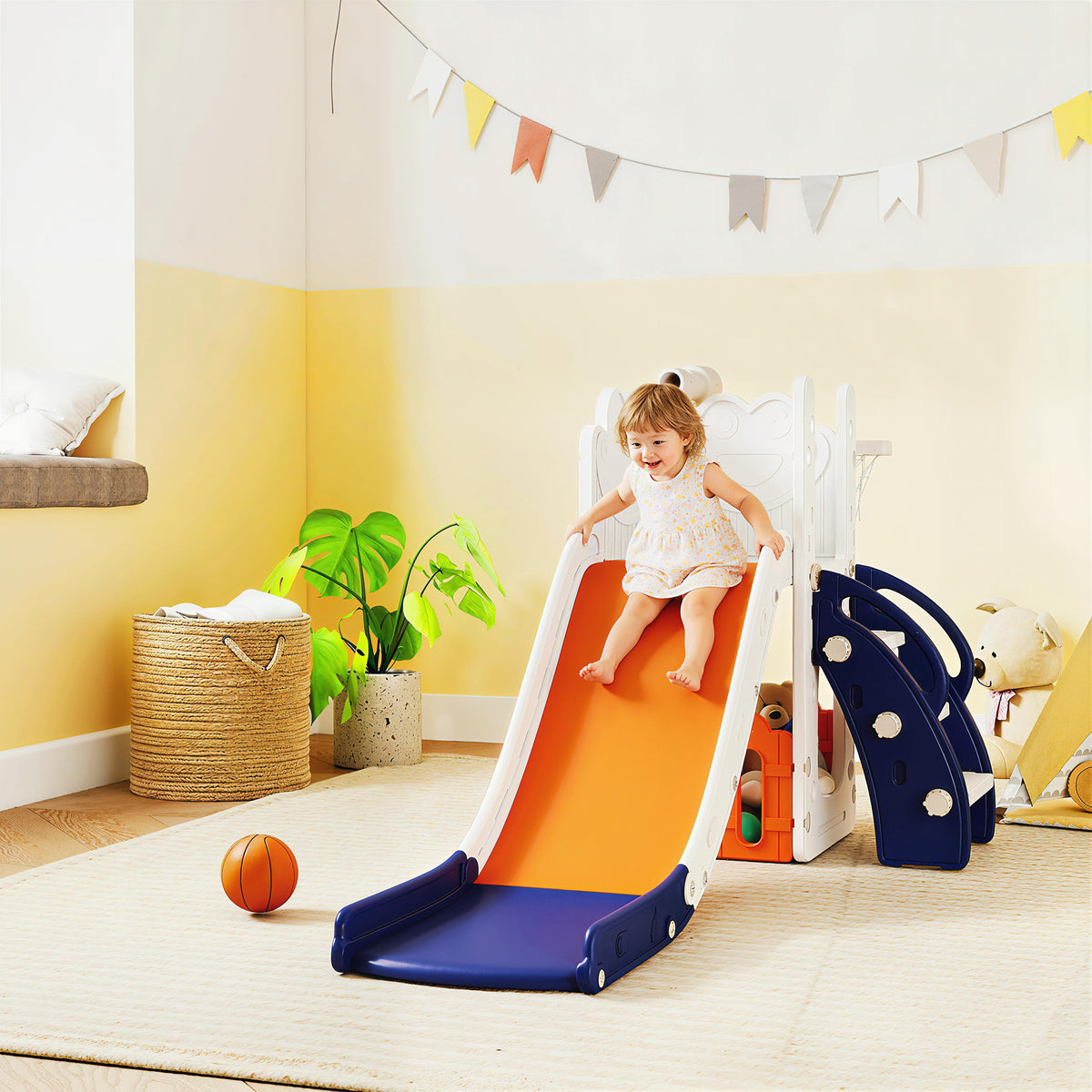 AIYAPLAY 5 In 1 Toddler Slide Set With Basketball Hoop For Age 1-3