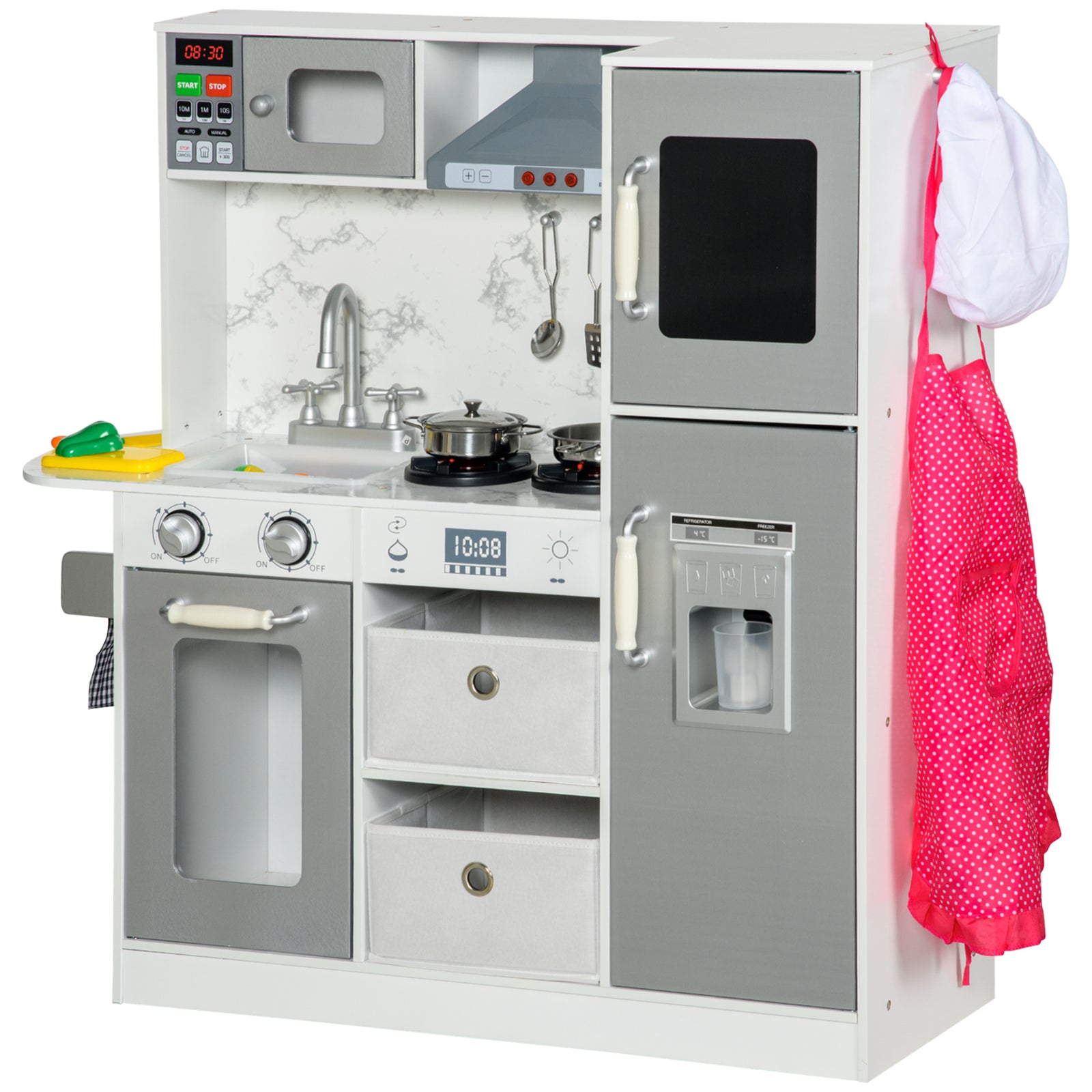 Toy Kitchen Playset W/ Lights, Sounds, Apron, Chef Hat - White