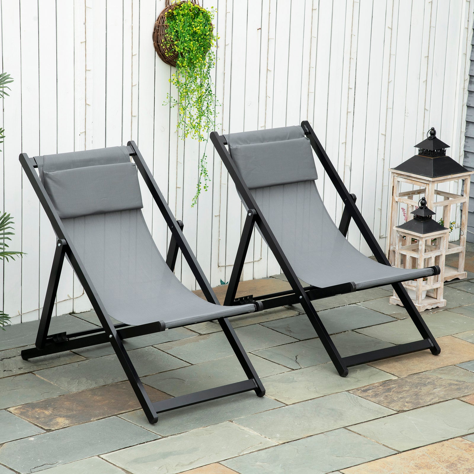 Set Of 2 Folding Garden Beach Aluminium Frame Deck Chairs | Dark Gray