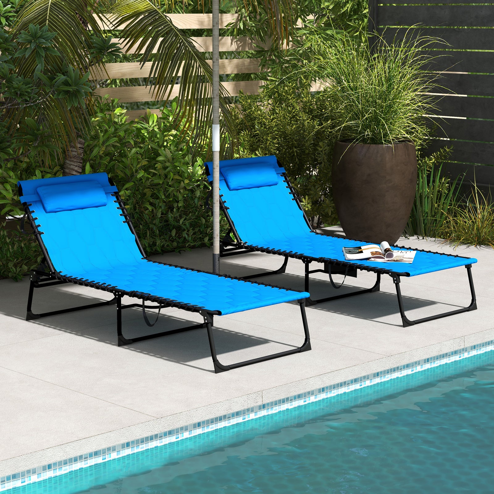 Foldable Sun Lounger Set W/ Padded Seat | Set-of-2 | Blue