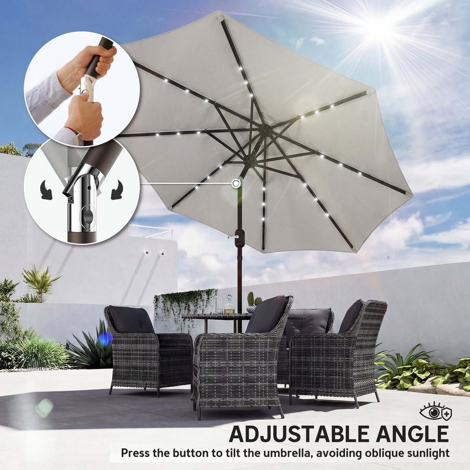 2.6 M Garden Parasol Umbrella With Light, Outdoor Patio Umbrella | Light Grey