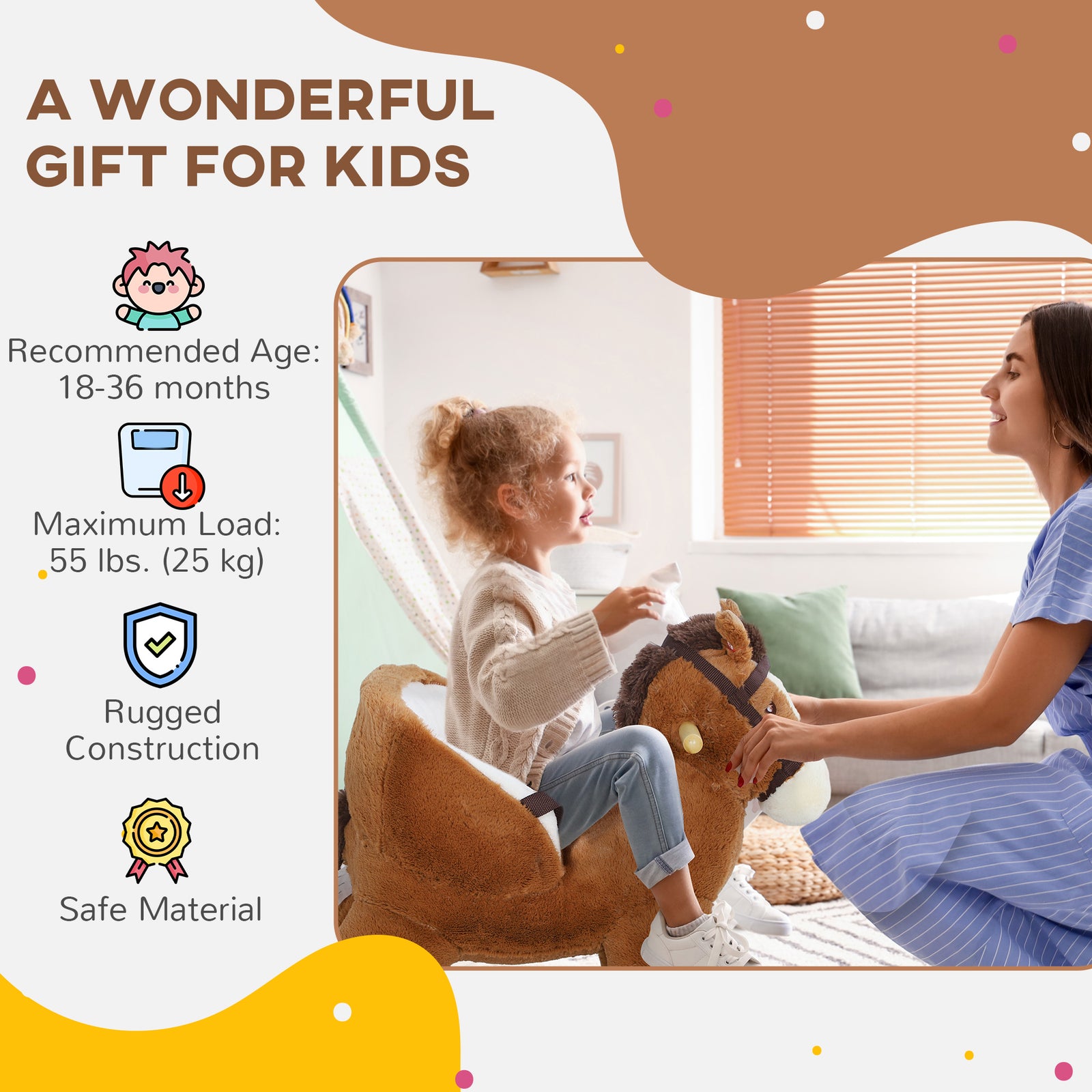 Kids Rocking Horse W/ Sound, Safety Belt - Brown