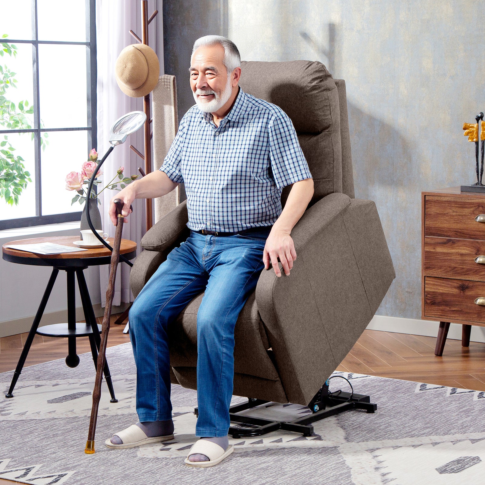Linen Fabric Electric Recliner Chair With Remote Control | Brown