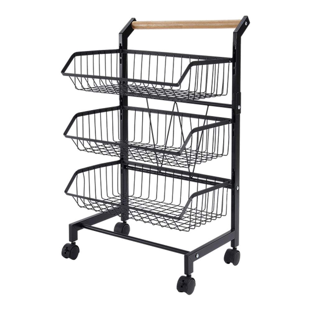 3/4/5-tier Adjustable Black Carbon Steel Storage Cart Rolling Utility Organizer Trolley With Wooden Handle | Small | Black