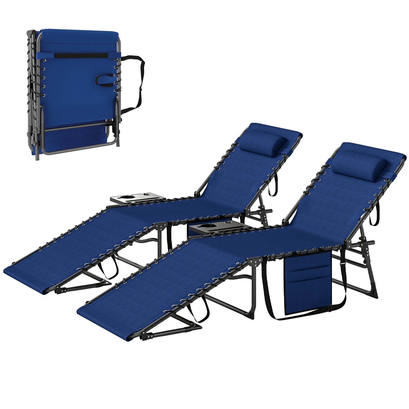 Folding Sun Loungers With 5-level Back, Cup Holder | Dark Blue