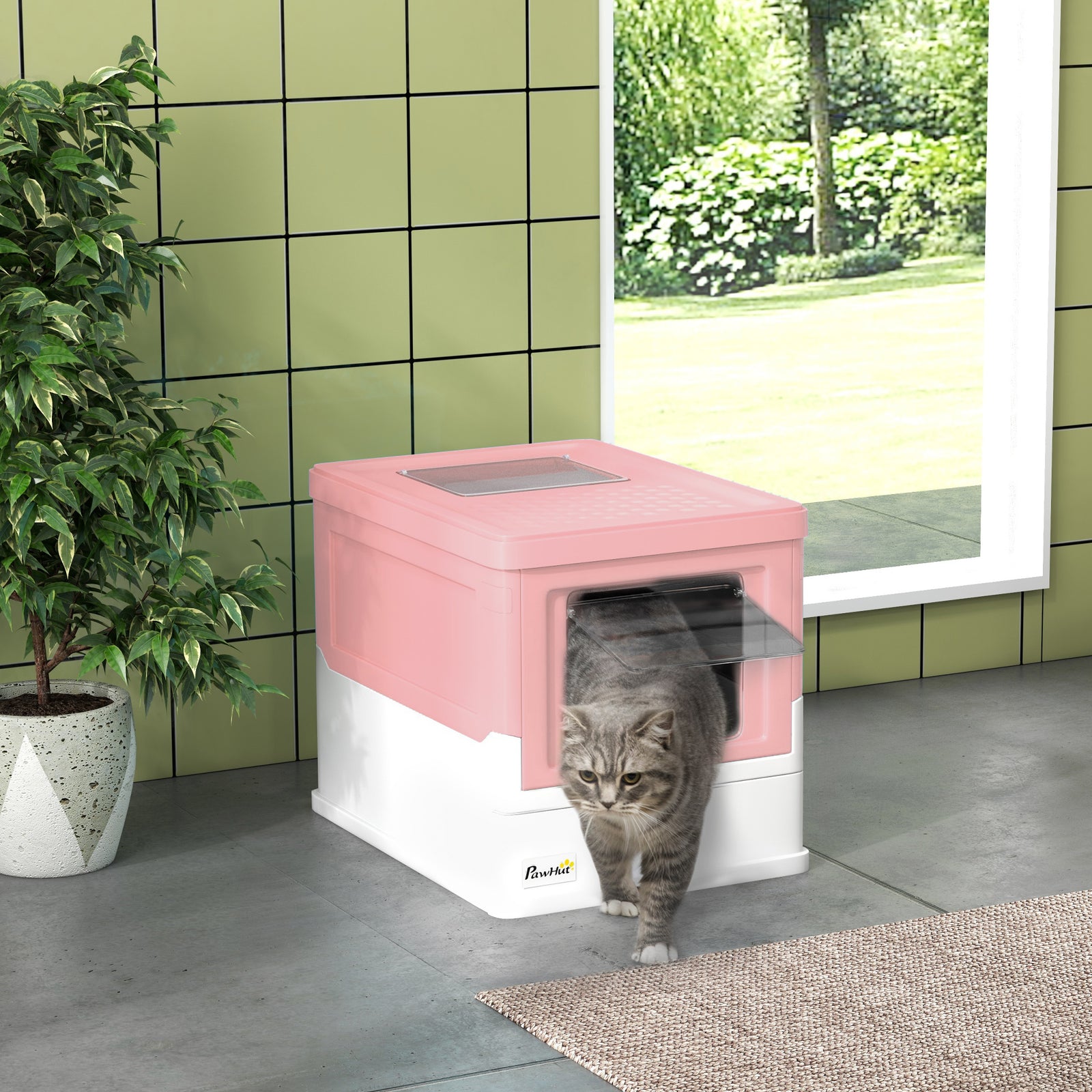 Hooded Cat Litter Box Litter Tray Pet Toilet W/ Scoop, Front Entry - Pink