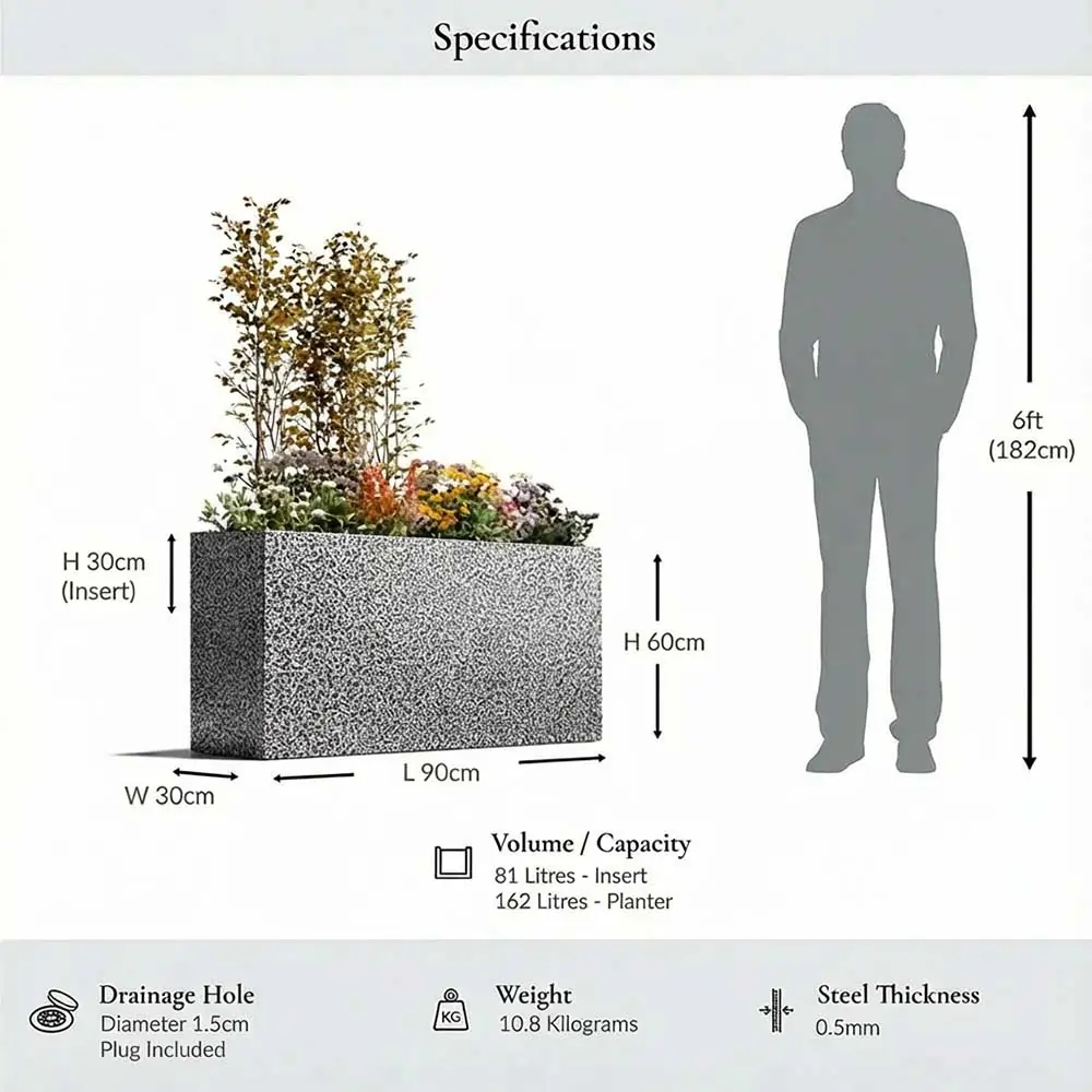 Long Zinc Galvanised Tall Trough Planter | 90cm x 30cm x 60cm | Silver Black