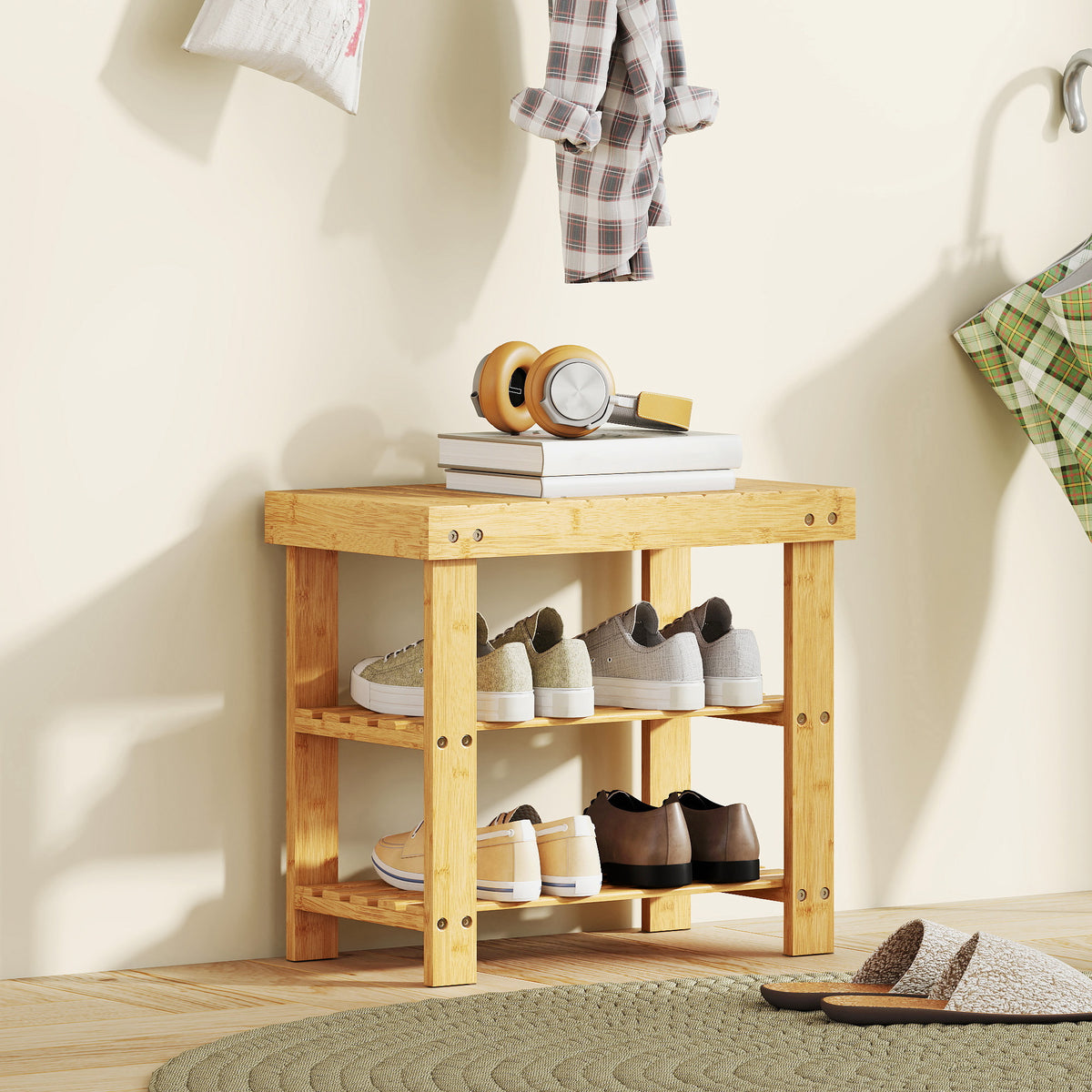 3-tier Bamboo Shoe Bench With 2 Shelves For Entryway | Brown