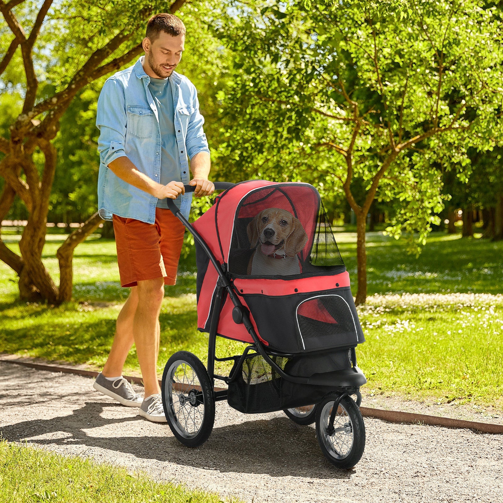 3 Wheel Pet Stroller, For Medium Small Dogs, Foldable Cat Pram | Red