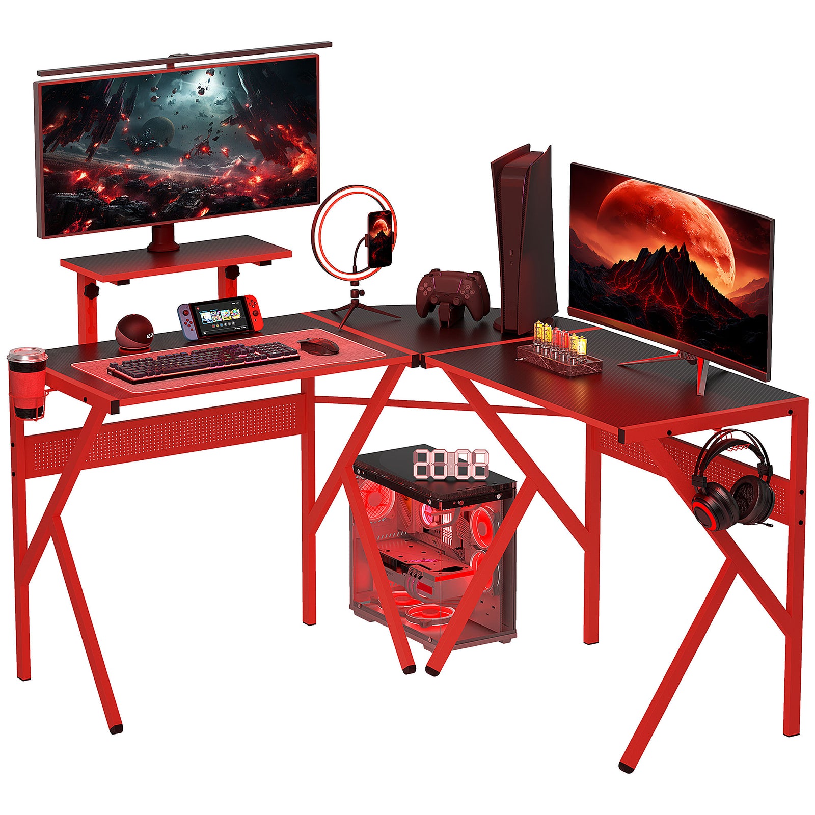 Corner Gaming Desk W/ Monitor Stand Cup Holder | Red