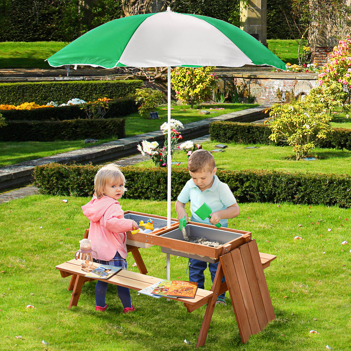 Wooden Kids Picnic Table, Sand And Water Table With Benches, Brown