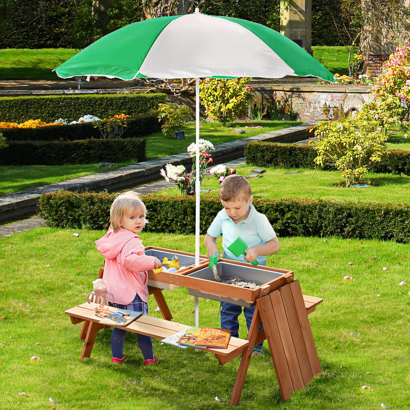Outsunny Wooden Kids Picnic Table, Sand And Water Table With Benches, Brown