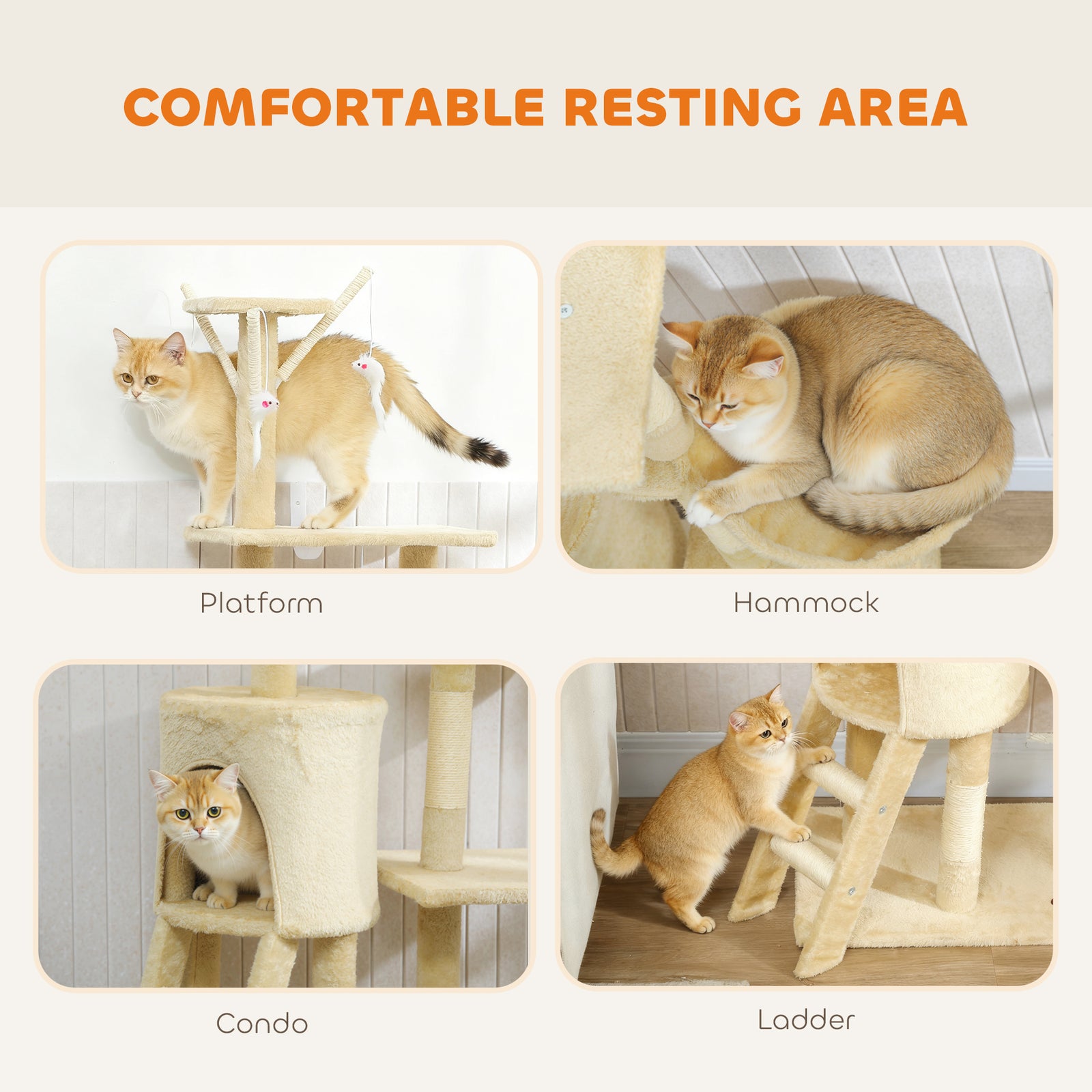 Cat Tree For Indoor Cats, 134cm Scratching Post Climbing Tower | Beige