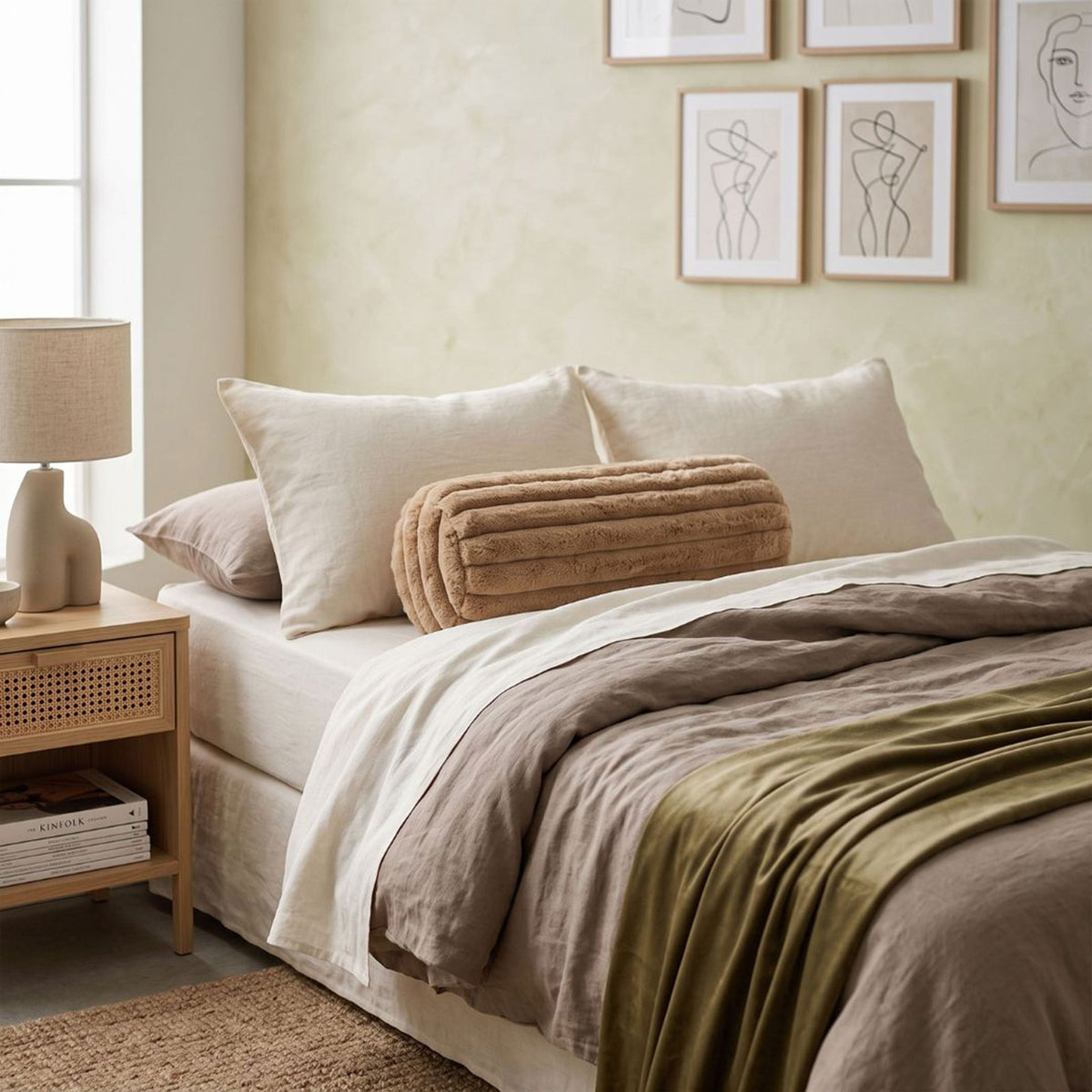 Ribbed Bolster Cushion, 40 X 15cm | 40cm x 15cm | Beige