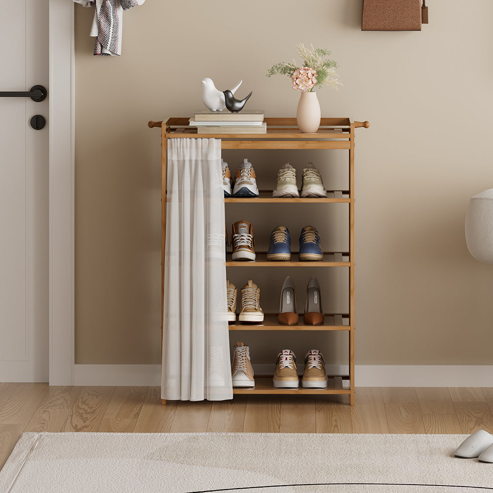 Bamboo Shoe Cabinet With Curtain 5/6-layer Entryway Shoe Rack Storage Organizer | Small