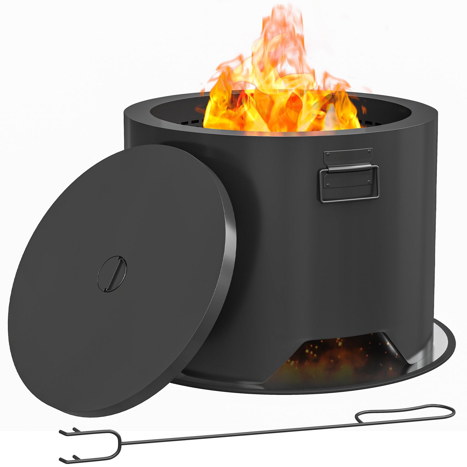 Round Fire Pit W/ Lid & Poker, Black