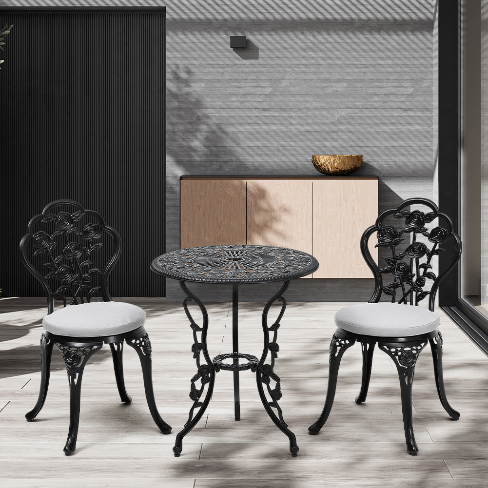 3-Piece Black Cast iron outdoor dining set circular patio balcony table and 2 chairs small weather-resistant furniture | Set of 3 | Black