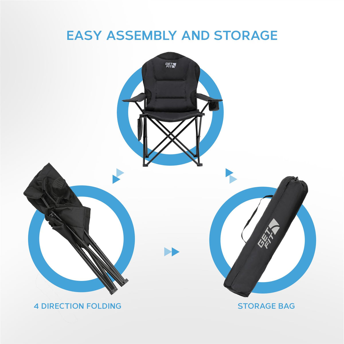 Premium Camping Chair - Thick Padded Folding Chair For Adults With Magazine Pocket, Cup Holder & Carry Bag - Lightweight 3kg - Heavy Duty Foldable Picnic Chair | Single | Jet Black