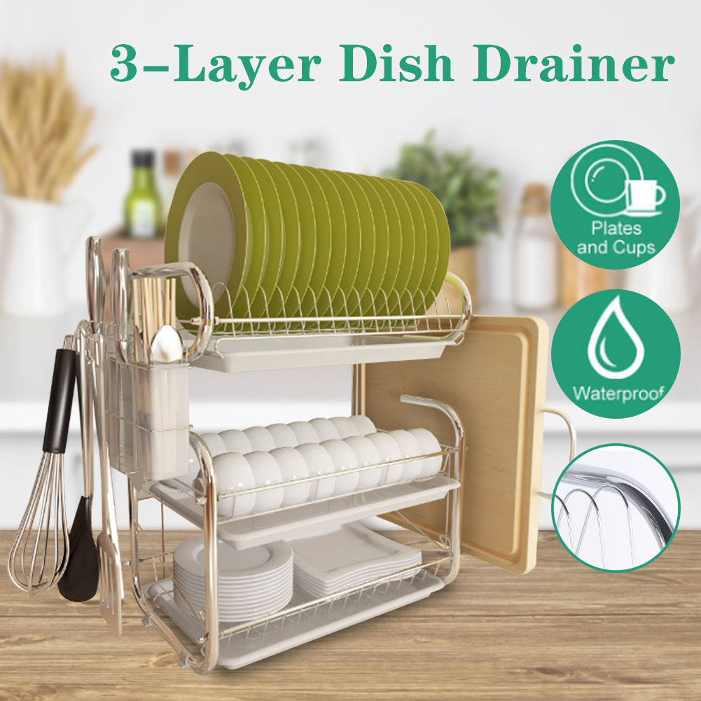 Kitchen 3-tier Dish Drainer Storage Stand Bowl Plate Dryer Tray White