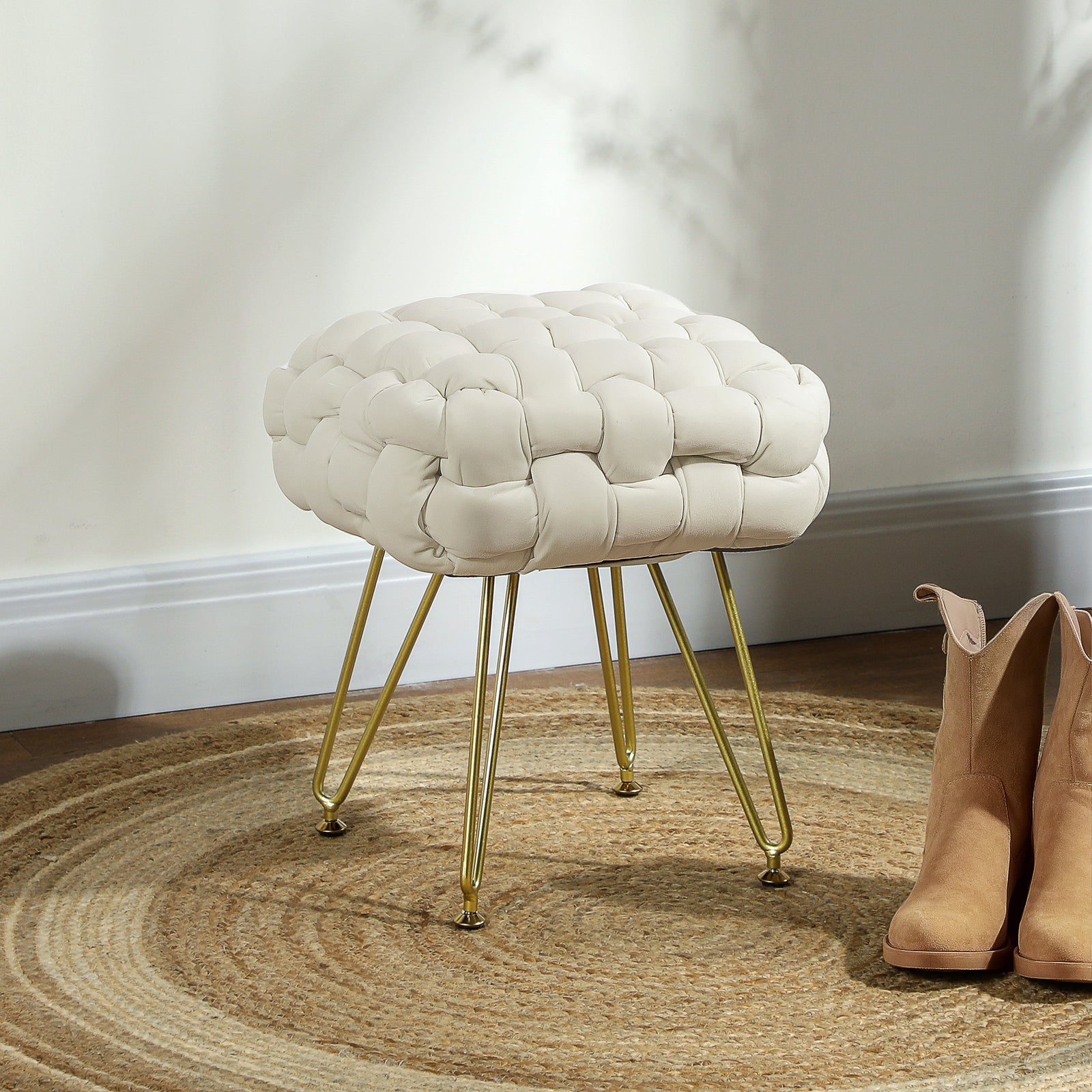 Woven Velvet Foot Stool With Steel Legs For Living Room | One Size | Cream