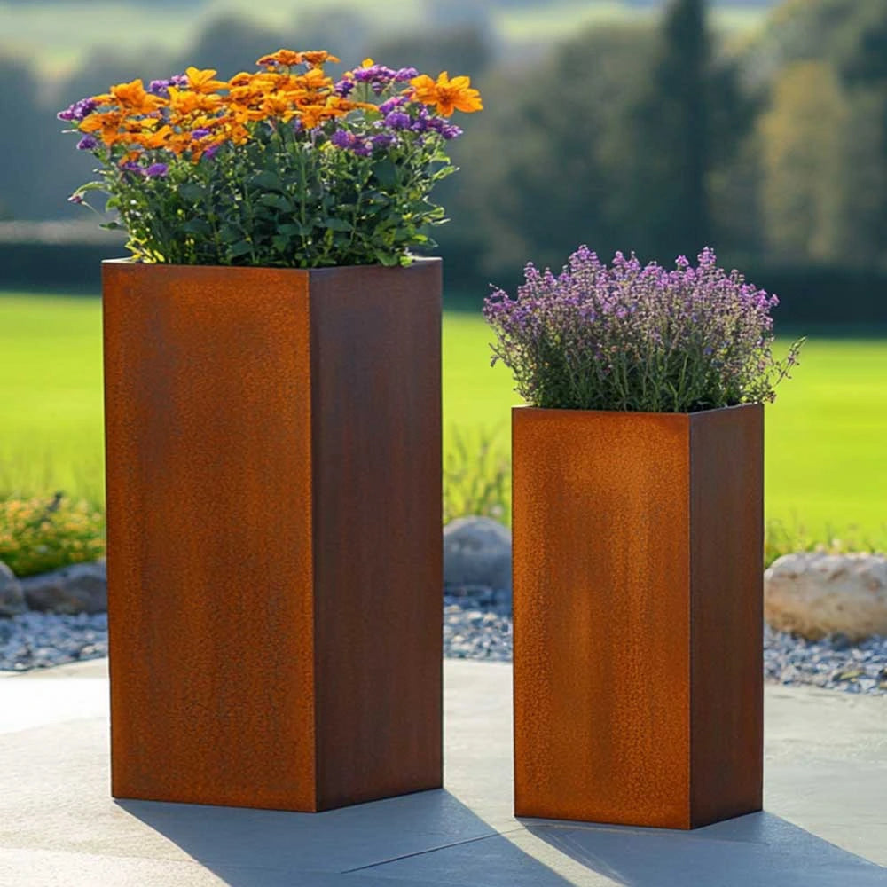 Corten Steel Tall Square Planter - Pre-rusted | 40cm x 40cm x 100cm | Brown
