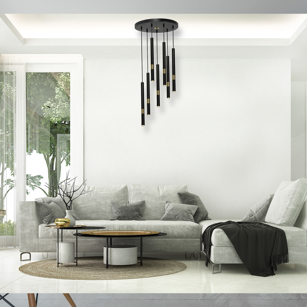 Monza Designer Black Pendant Lamp (7xg9) High Quality Hand Made From Matt Black Alloy With Luxurious Gold Detail