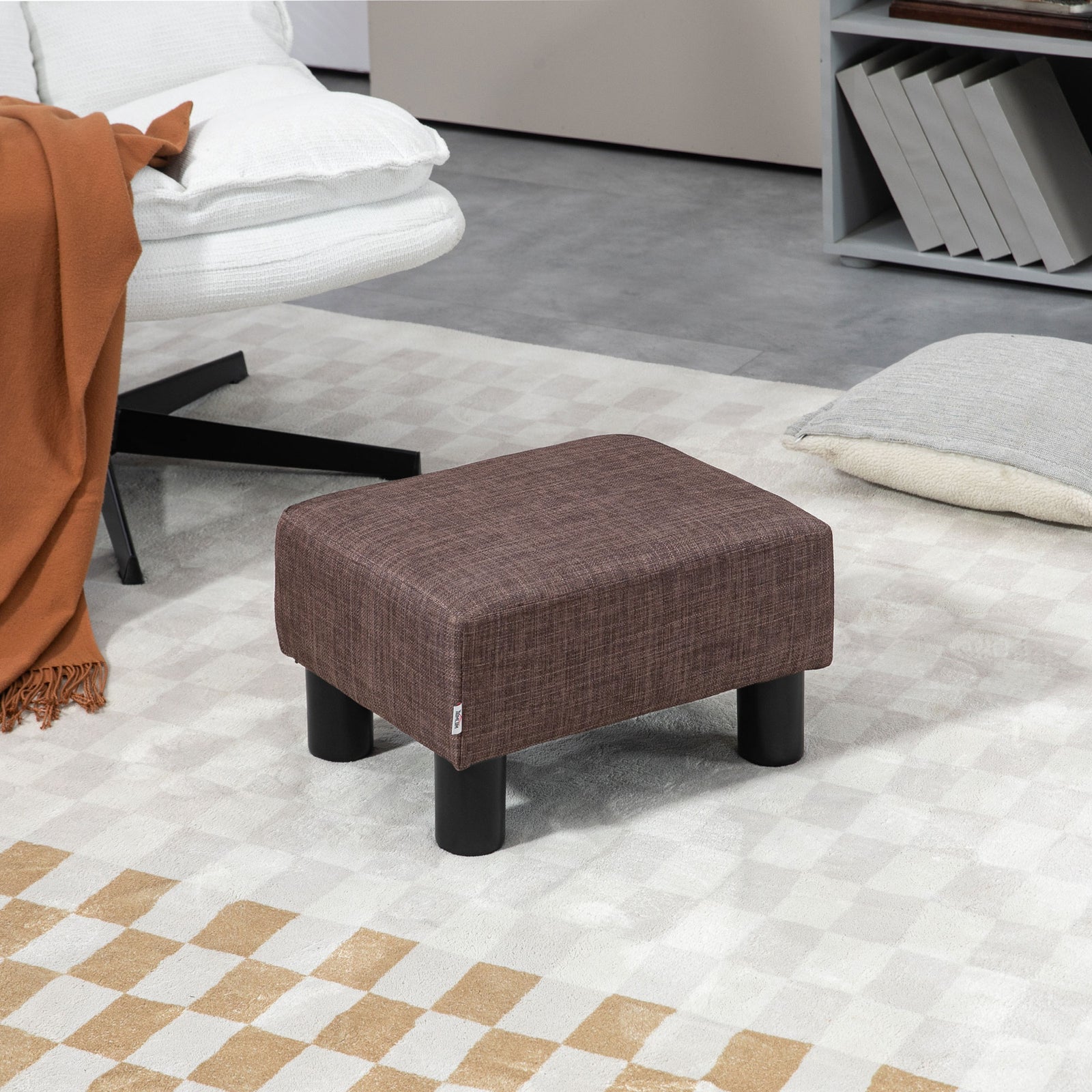 Chic Linen Fabric Footstool Ottoman Cube 4 Plastic Legs | One Size | Brown