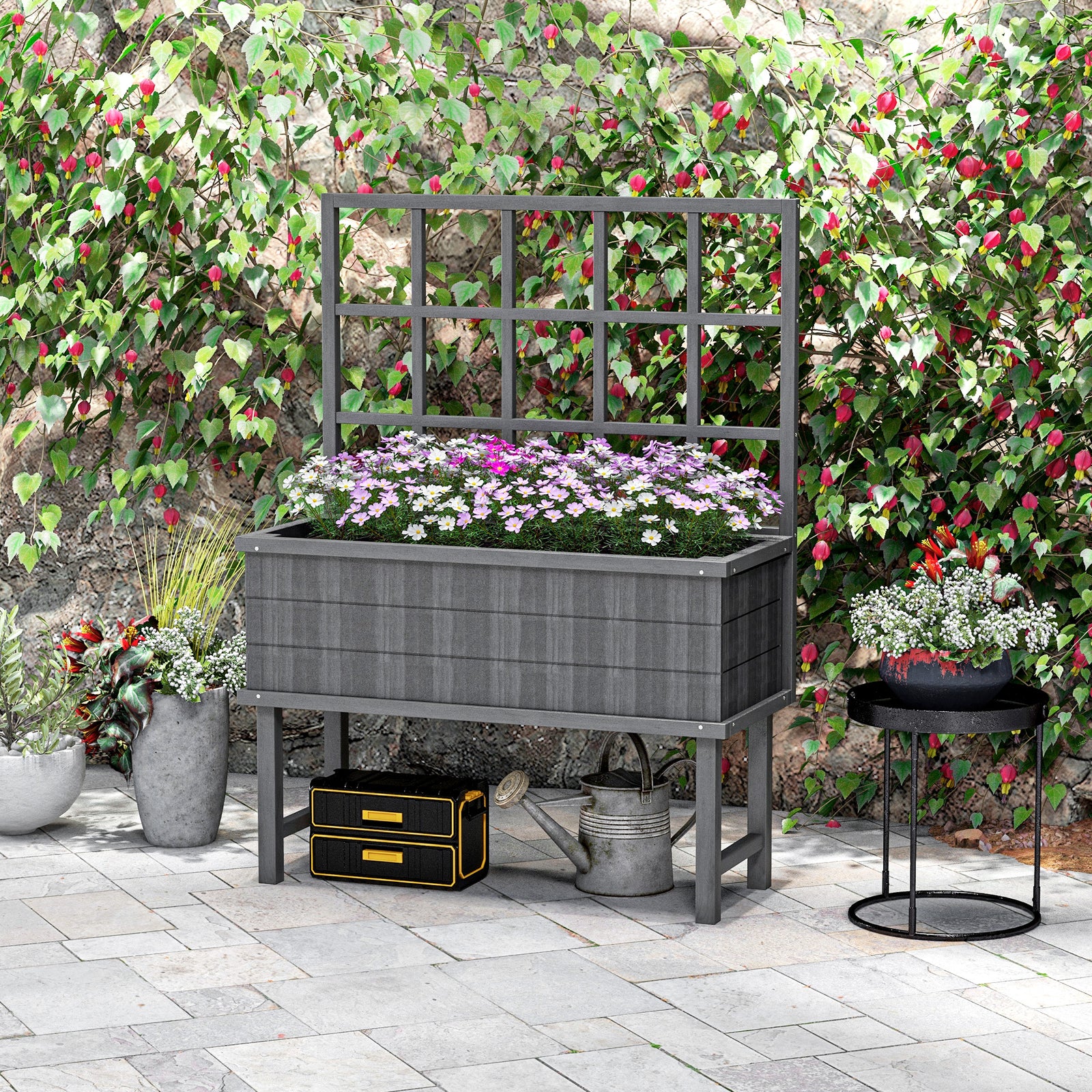 Raised Garden Bed With Trellis & Drain Holes | Gray