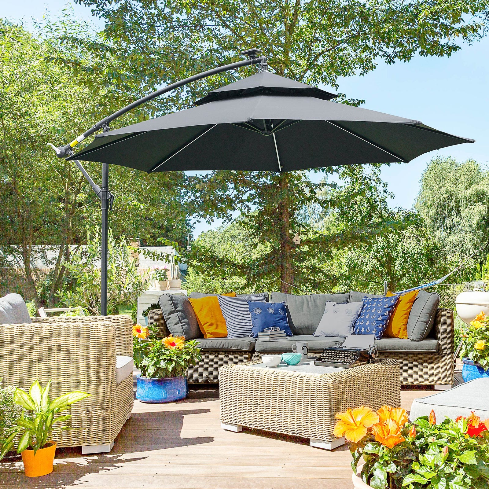 3m Cantilever Banana Parasol W/ Led Solar Lights | Black