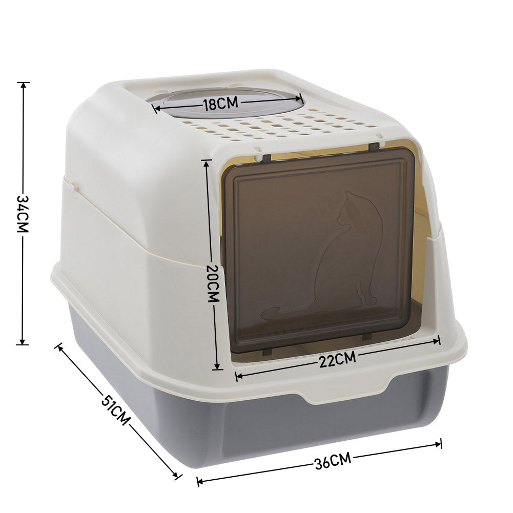 Large Hooded Top Entry Cat Litter Box With Scoop | Grey