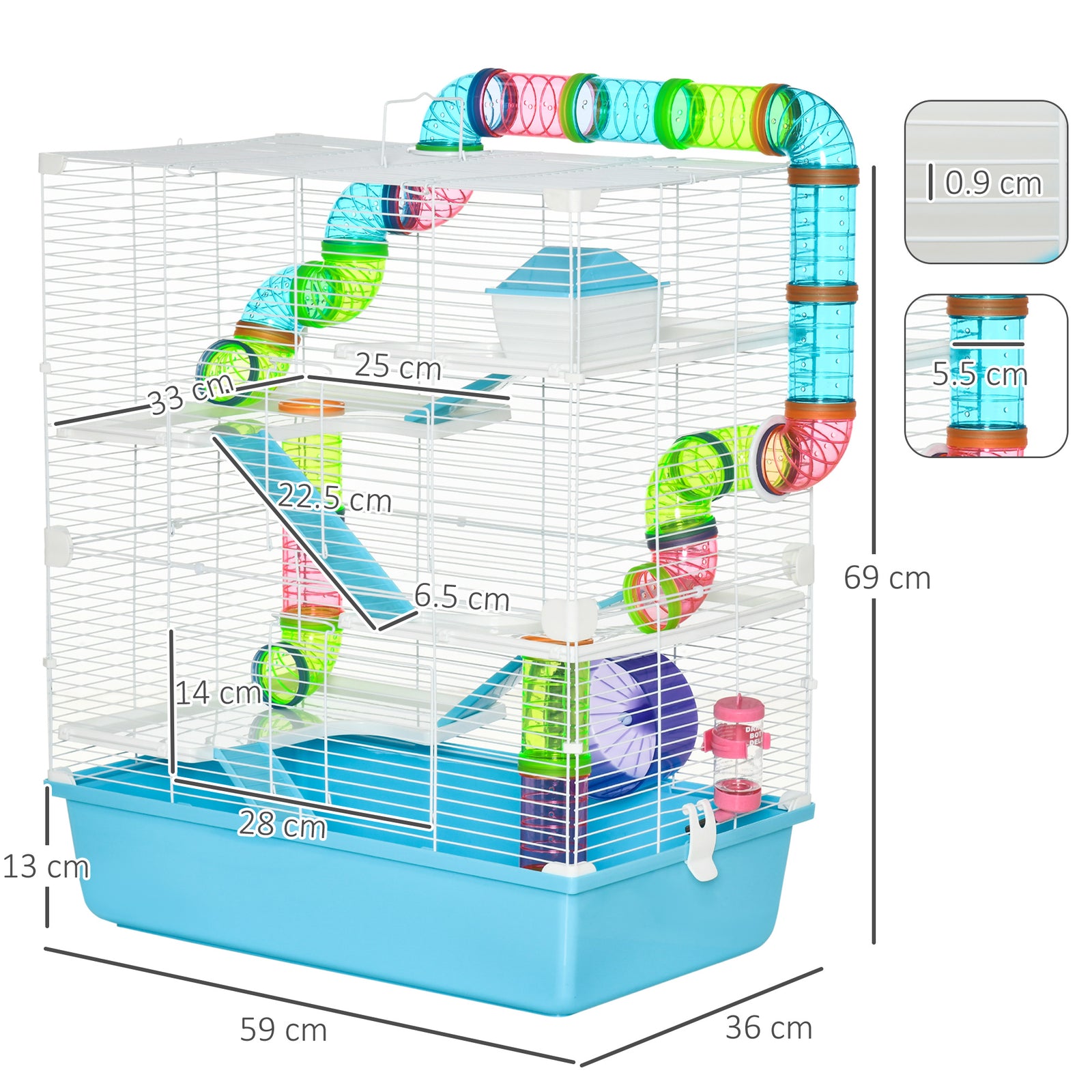 Hamster Cage W/ Water Bottle, Exercise Wheel, Tubes, Ramps-light Blue | Blue