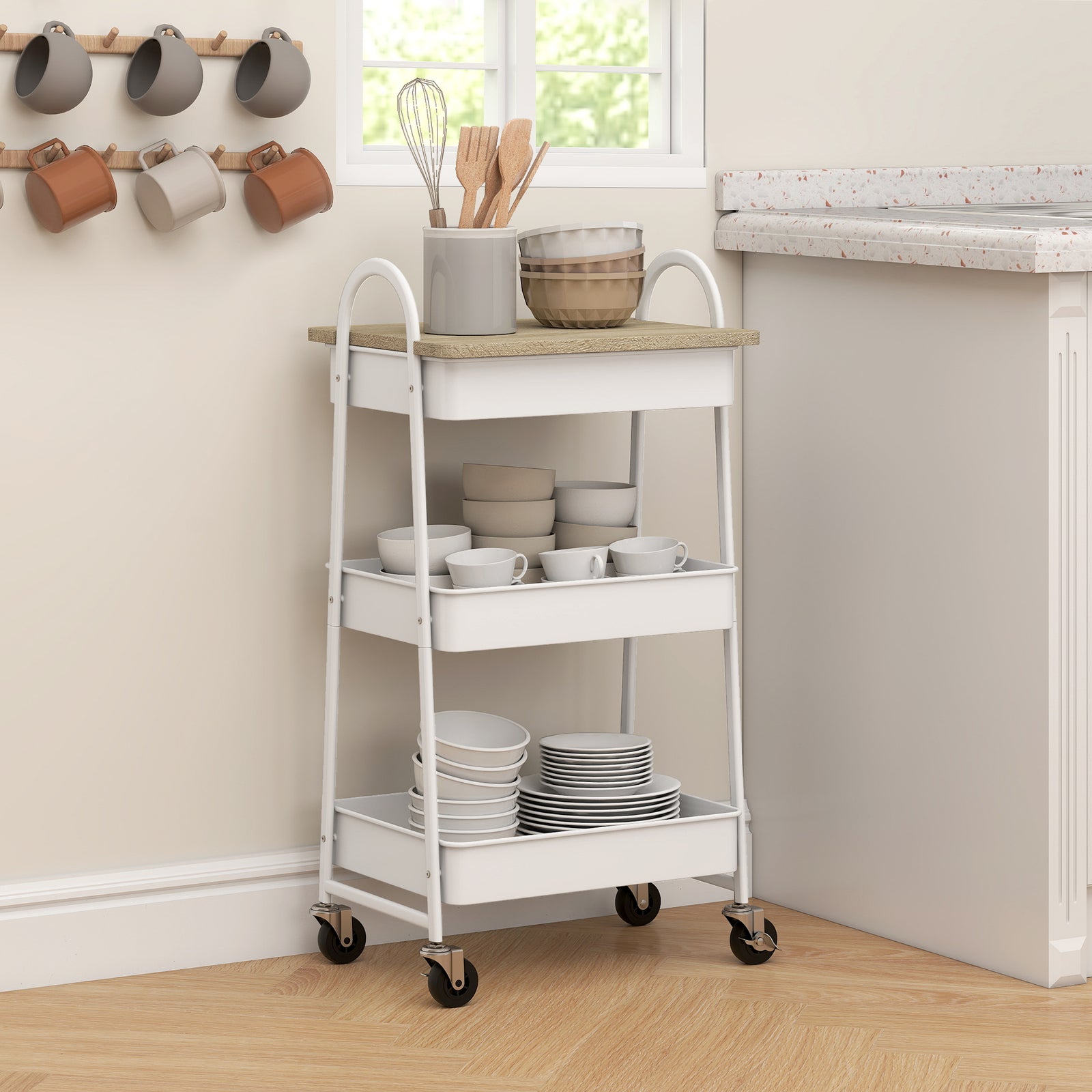 Rolling Utility Cart With Mesh Baskets For Kitchen | White