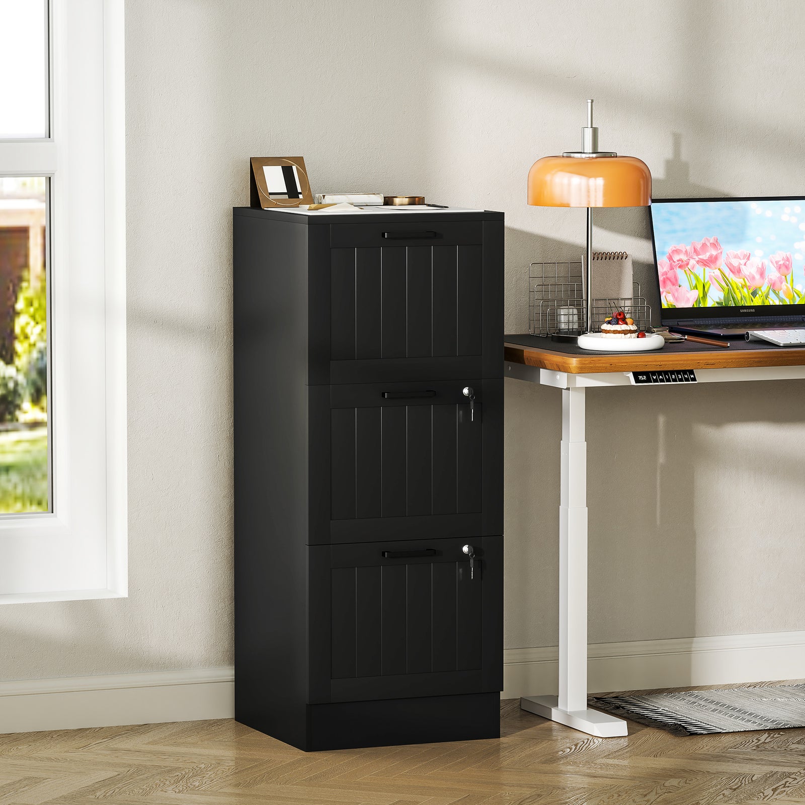 3 Drawer File Cabinet With Lock And Adjustable Hanging Bars | Black