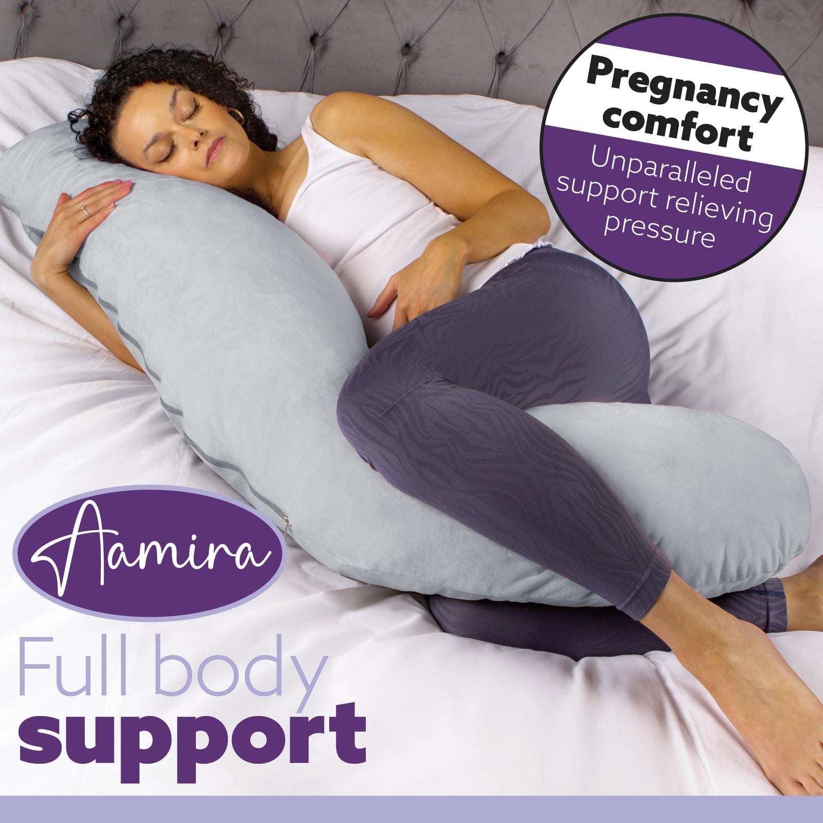 L Shaped Pregnancy Pillow, 145x25x20cm Shredded Memory Foam Full Body Maternity Cushion For Sleeping | J Shape | Light Grey