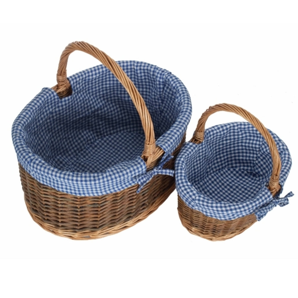 Blue Checked Lined Country Oval Wicker Shopping Basket | Set-of-2 | Blue