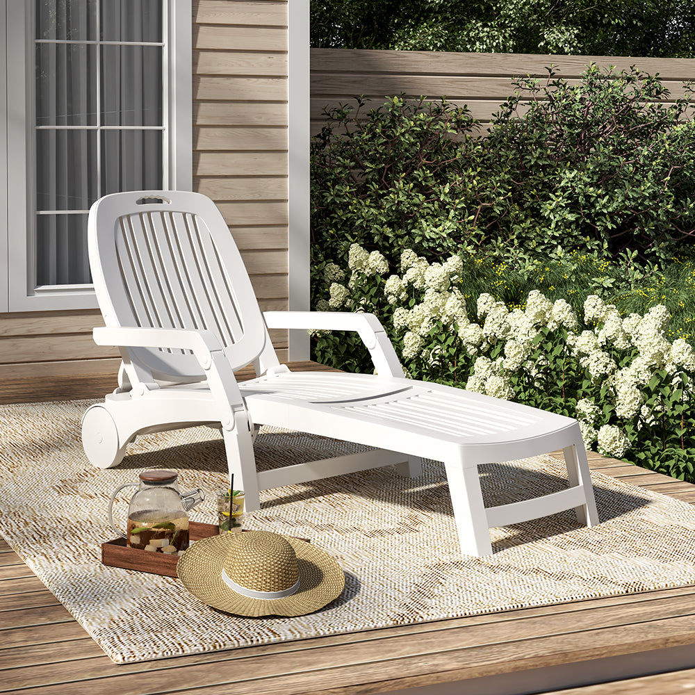 Outdoor Folding Lounge Chair Recliner With Wheels | White