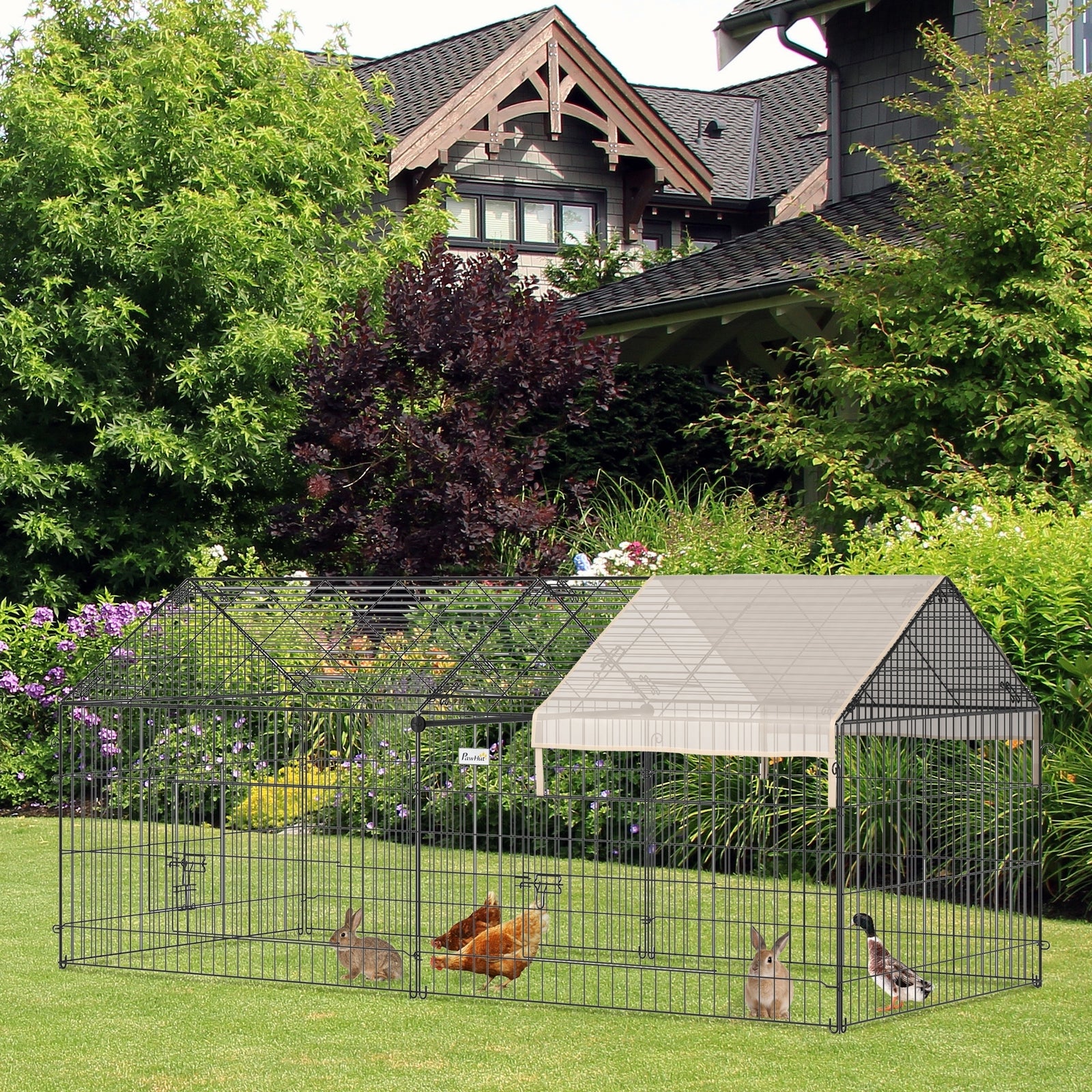 Rabbit Run, Guinea Pig Cage With Pitched Roof, Sun Protection Cover, Beige